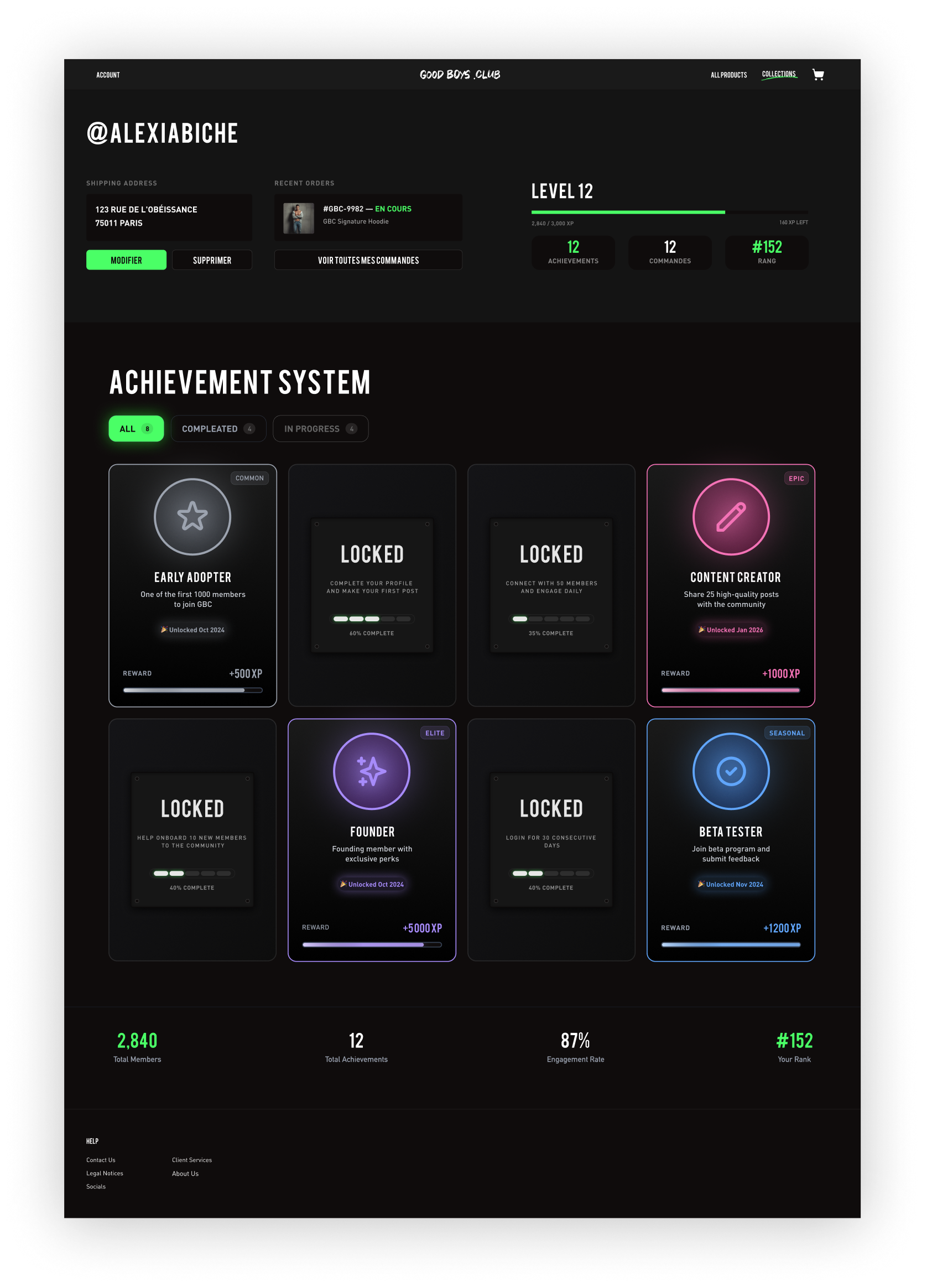 Dashboard membre — Achievement System, Mode Dark